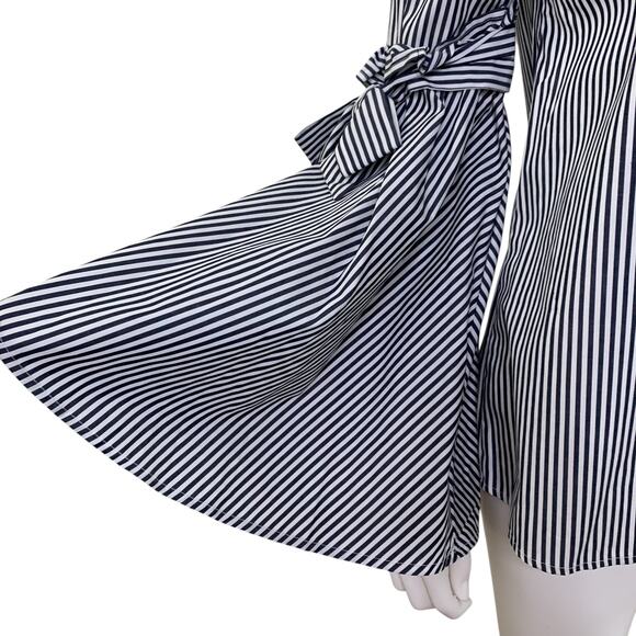 Neiman Marcus Bow Bell Sleeve Blouse Size S Black White Striped Statement Cotton - Picture 5 of 9